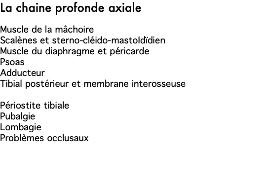 La chaine profonde axiale Muscle de la mâchoire Scalènes et sterno-cléido-mastoIdïdien Muscle du diaphragme et péricarde Psoas Adducteur Tibial postérieur et membrane interosseuse Périostite tibiale Pubalgie Lombagie  Problèmes occlusaux 